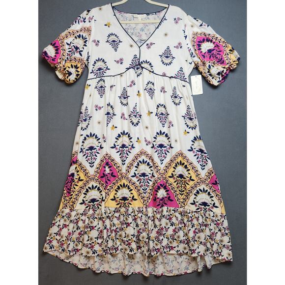 Fig & Flower Printed V-Neck Puff Sleeve Midi Dress Size Medium Linen Blend‎ - Picture 2 of 9